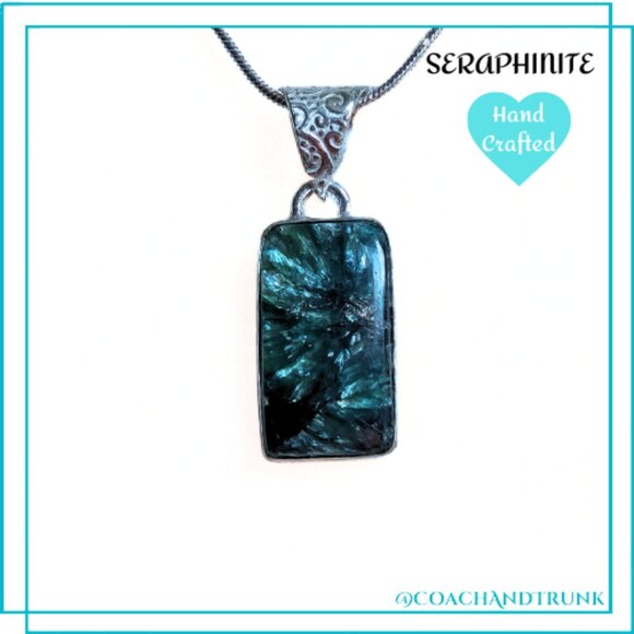 Artisan Jewelry - ARTISAN SERAPHINITE NECKLACE ORNATE ETCHED BAIL INCLUDES CHAIN